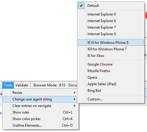 IE10 user agent options