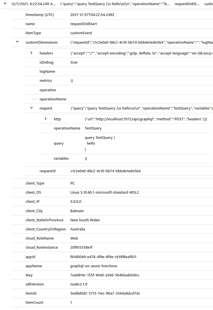 Example log view in AppInsights