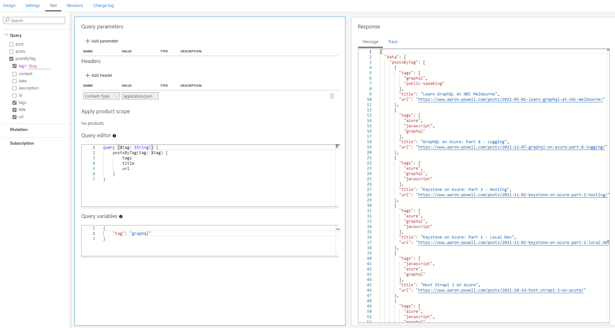 Executing a test query, with the tag as a variable and results shown