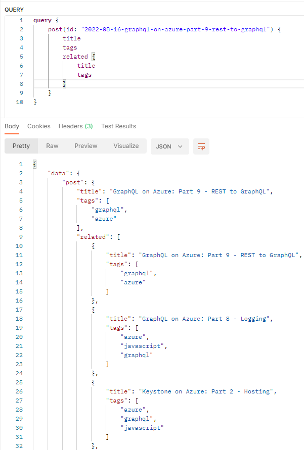 Response from the GraphQL request for title and tags, then related posts with title and tags