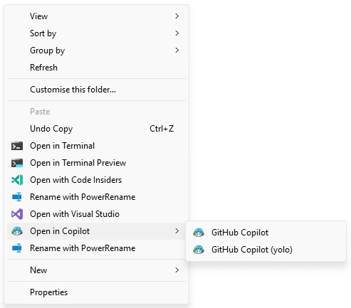 A screenshot of the Explorer context menu showing a &ldquo;Copilot&rdquo; submenu with two entries: &ldquo;GitHub Copilot (yolo)&rdquo; and &ldquo;GitHub Copilot&rdquo;.