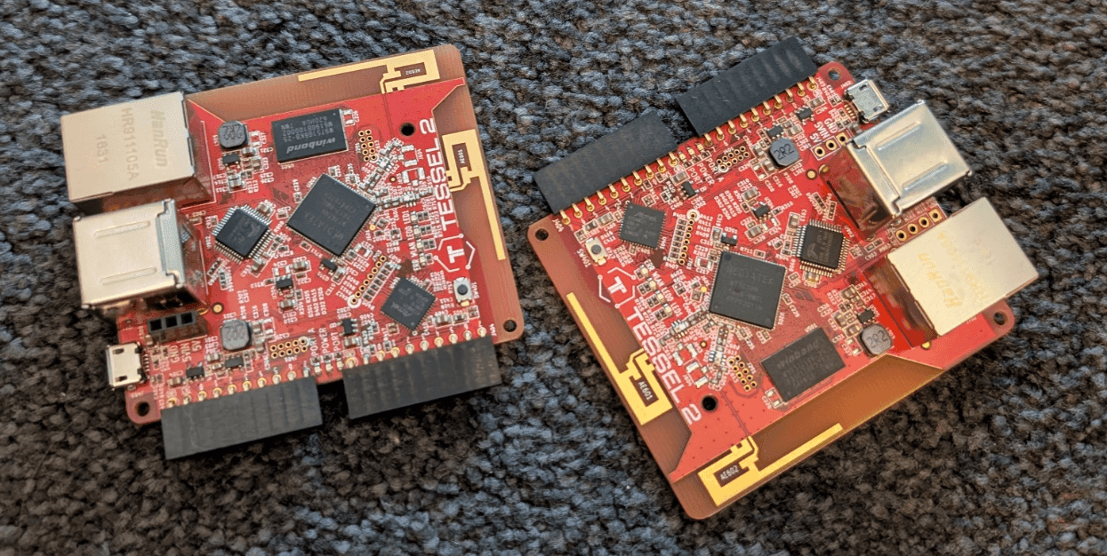 Tessel 2 board with two USB ports, wifi, Ethernet, and two module ports